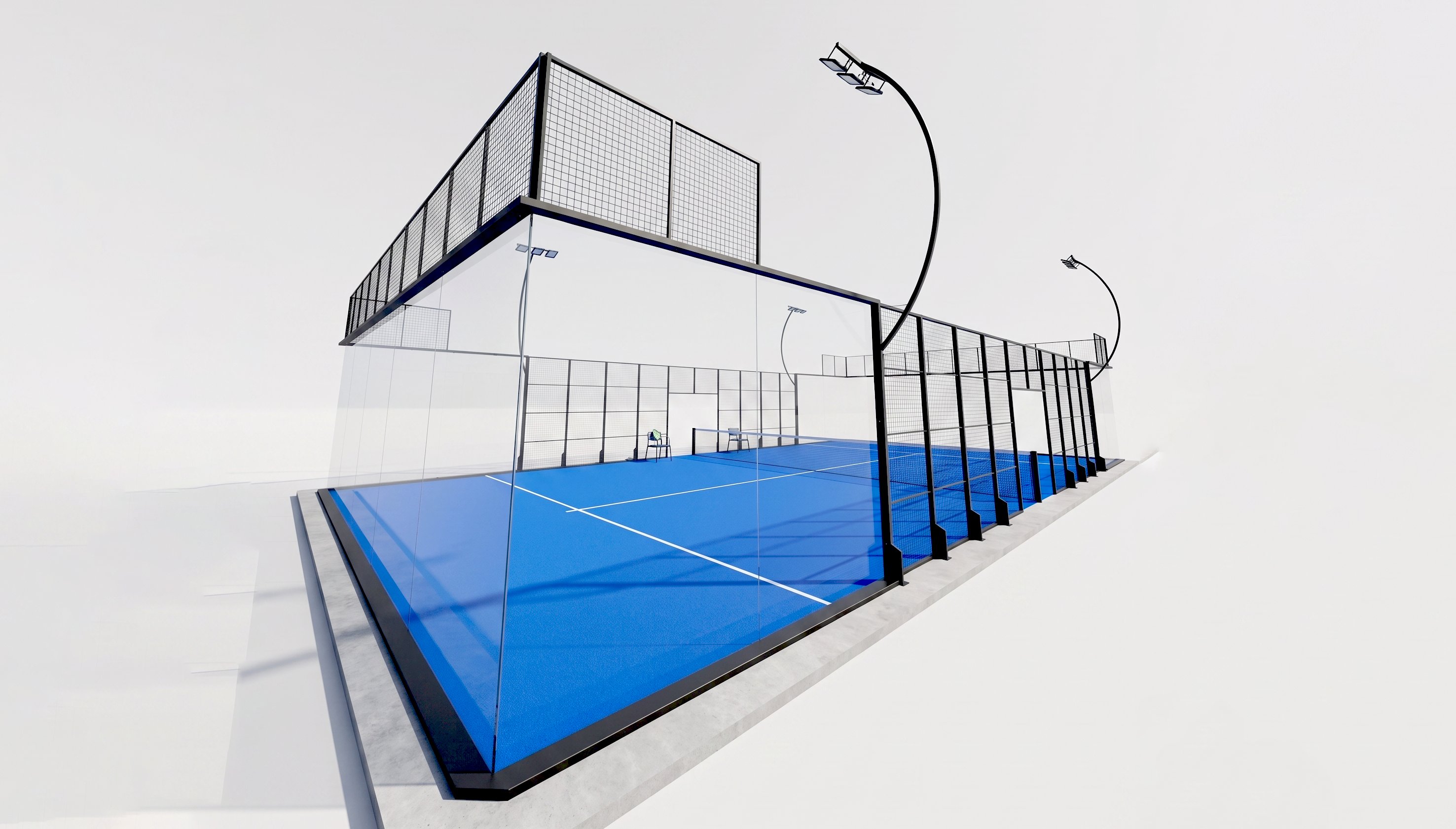 Cancha de pádel modelo premium Blue Court con superficie azul, paisajismo tropical y estructura moderna